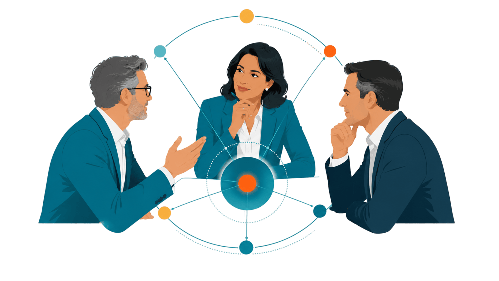 Three executives in a connected discussion around a central impact node, representing aligned leadership, shared goals, and coordinated business results.