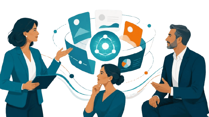 CMO and CXO leaders in a thoughtful discussion, connected by abstract insight shapes and signal paths that represent trusted thought leadership driving growth and executive relevance.