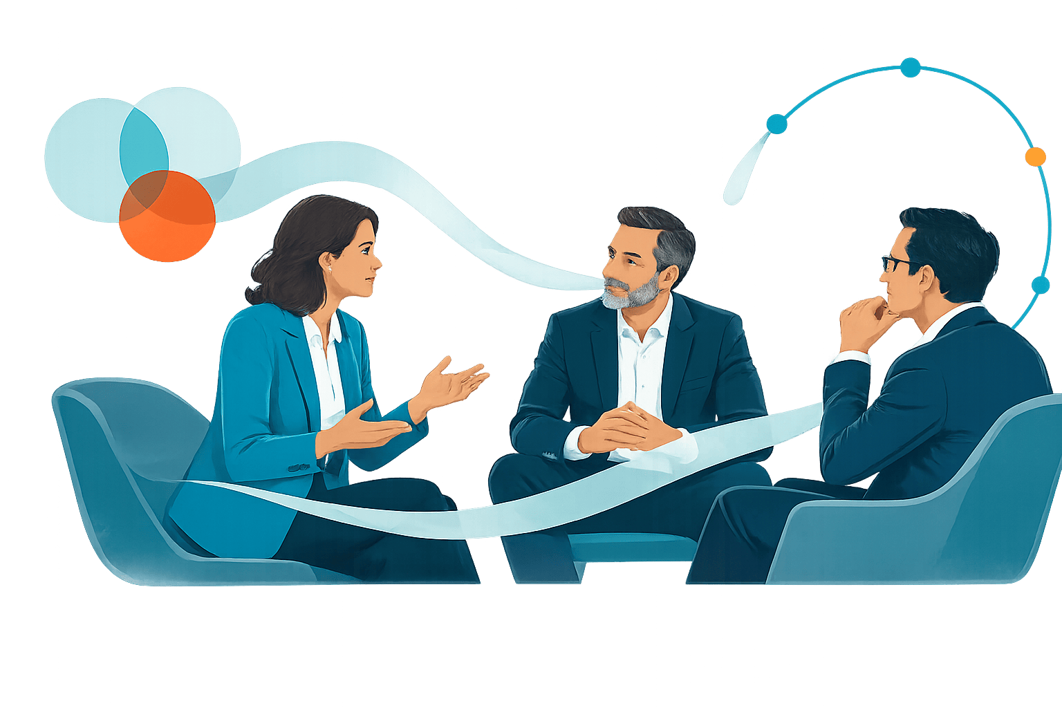 Three business leaders seated in a focused discussion, with flowing abstract shapes and connected nodes symbolizing thought leadership, executive dialogue, and the link between marketing, credibility, and revenue.