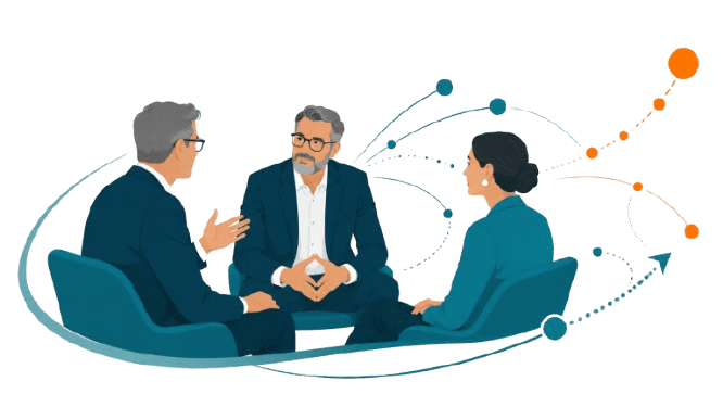 Three senior business leaders continue a strategic conversation, with abstract connection signals showing thought leadership moving toward lasting influence and business impact.