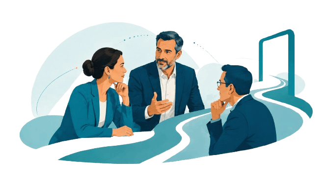 Senior sales leaders discuss a credibility-driven revenue strategy, with an abstract path leading toward executive opportunity and pipeline growth.