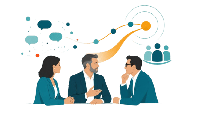 Senior sales leaders discuss trust-based revenue growth, with abstract conversation signals and opportunity pathways showing credibility turning into stronger pipeline.