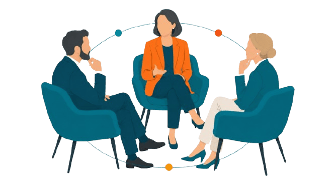 Three executives in a curated advisory conversation, representing trusted community dialogue, shared feedback, and long-term credibility.