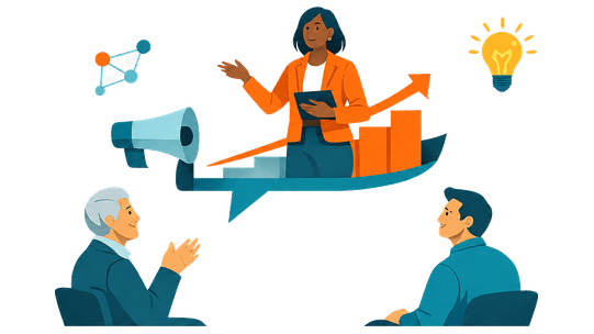 Business illustration showing leaders discussing visibility, growth, and influence.