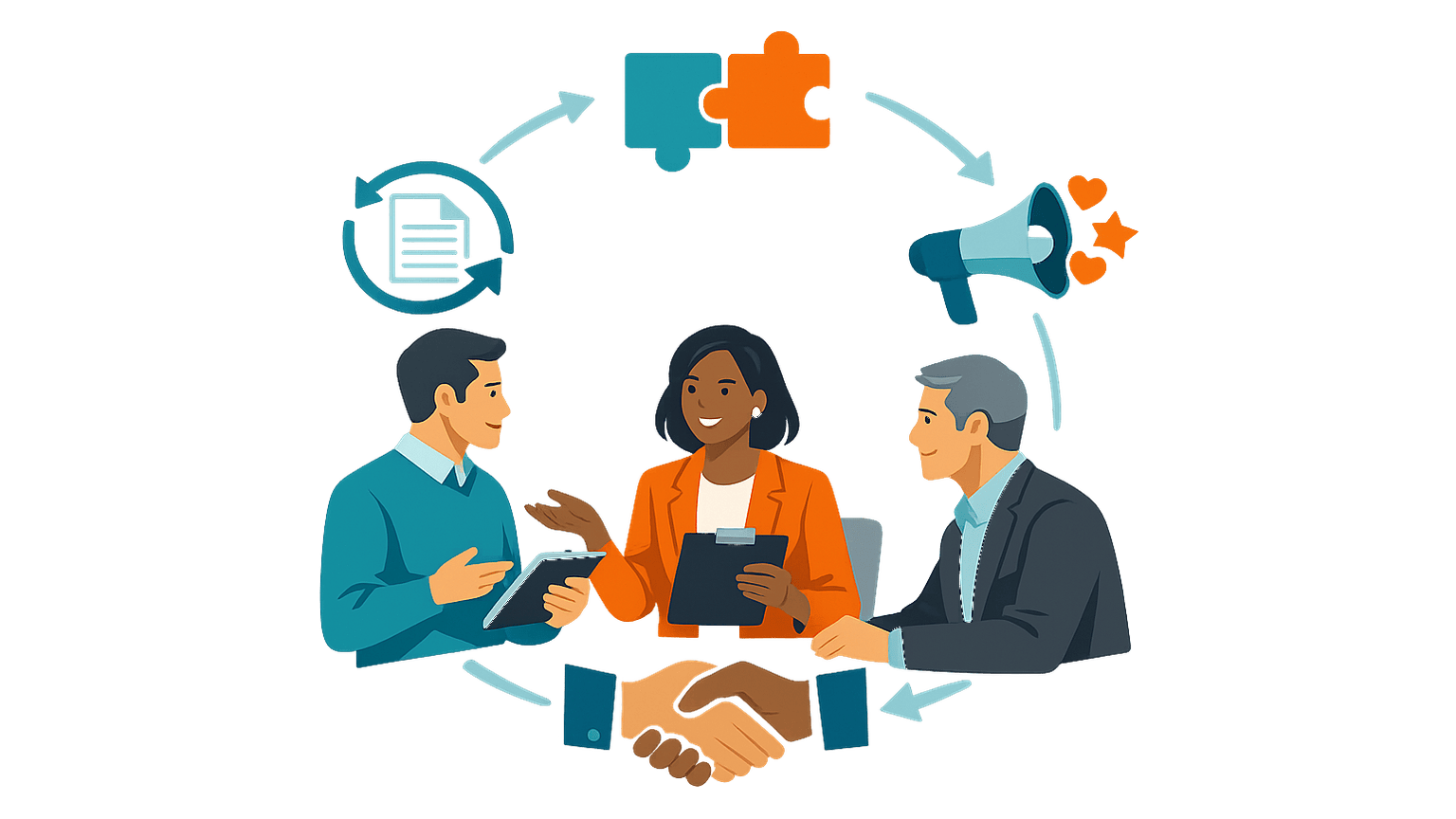 Three business professionals in a flat editorial style discuss customer engagement, with subtle circular arrows, document, advocacy, and partnership symbols showing how strategic engagement turns existing customers into trusted advocates and long-term growth partners.