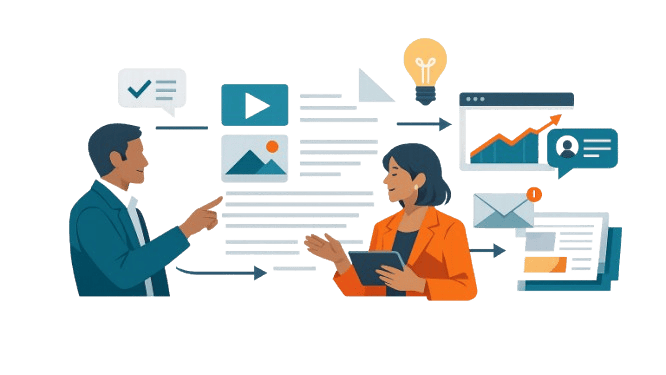Two business professionals collaborate on ABM content strategy, with connected content assets, messaging elements, and performance signals showing stronger engagement with target accounts.