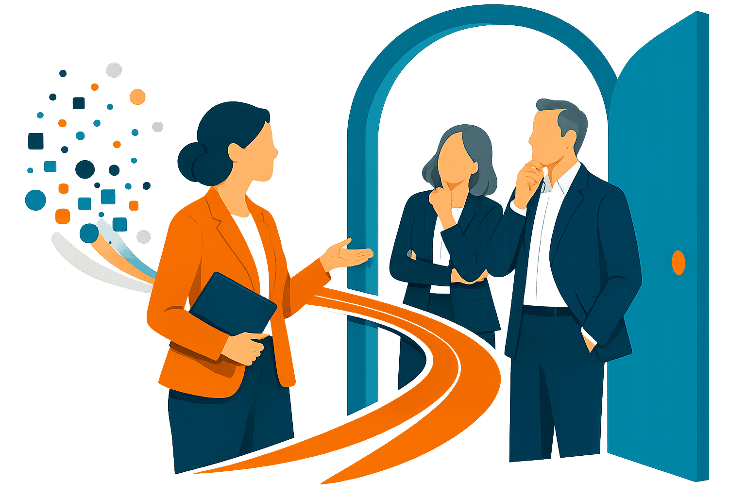 Business leader presents focused thought leadership insights to two executives near an open doorway, symbolizing credible ABM content opening meaningful buyer conversations.