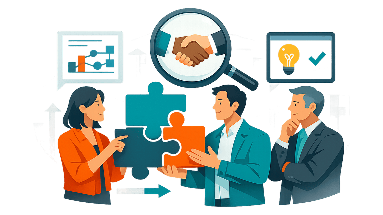 Three business professionals review interlocking partnership pieces, showing aligned collaboration, buyer trust, and a clearer shared value story.