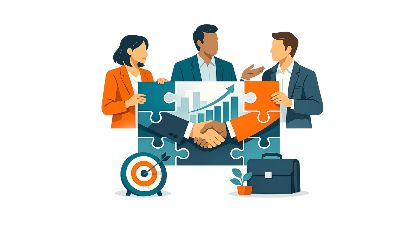 Three business professionals assemble connected puzzle pieces showing partnership, growth, and shared business value.