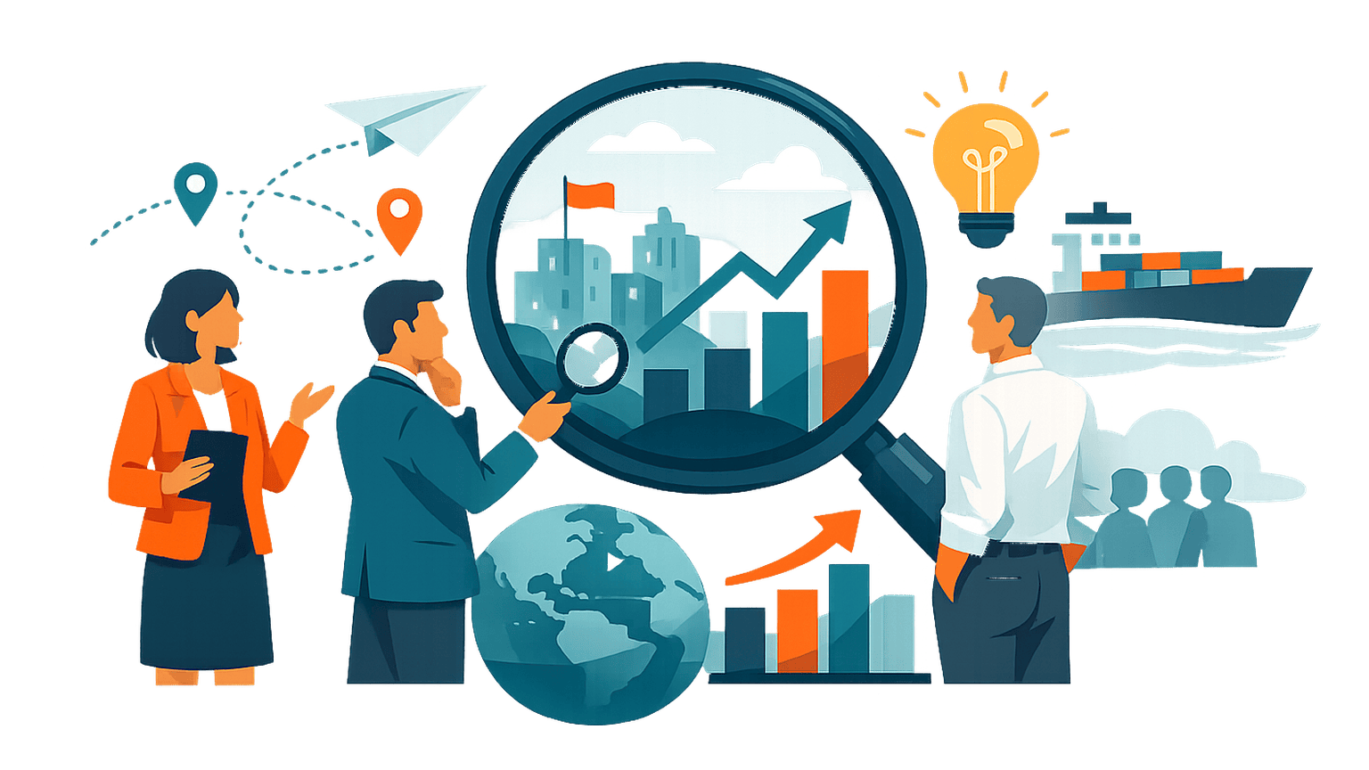 Illustration of a professional presenting a message through a central lens while two business leaders review and reflect on its clarity and relevance.