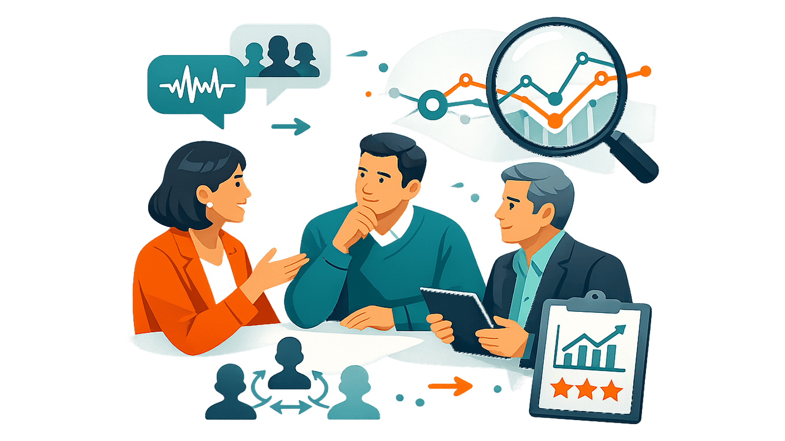 Three business professionals reviewing buyer feedback and market signals to validate messaging before launch.
