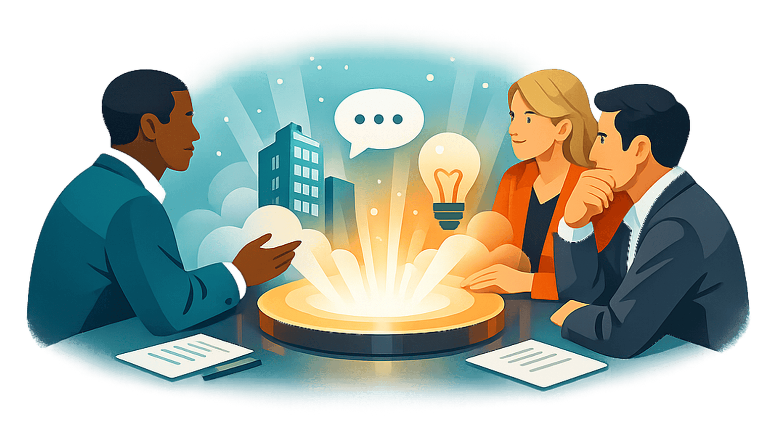 Three executives in a focused discussion around emerging business ideas, symbolizing early CXO visibility, trusted relevance, and strategic awareness.