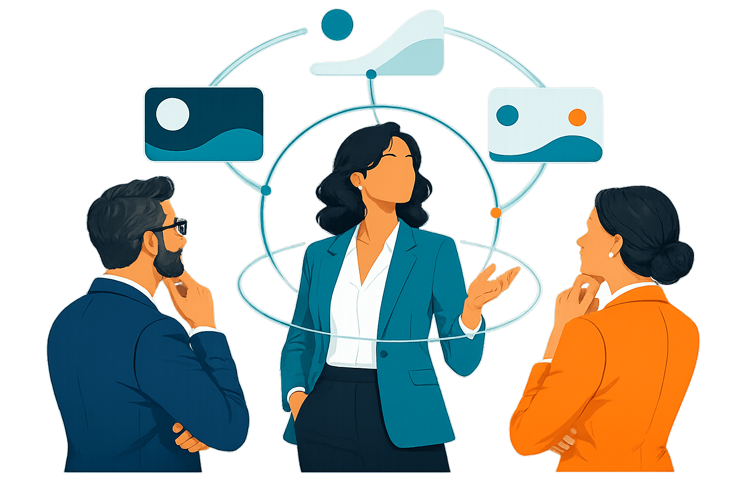 Business leader standing at the center of a connected executive network, with surrounding audience figures and subtle signal rings showing early CXO visibility, influence, and credible market awareness.