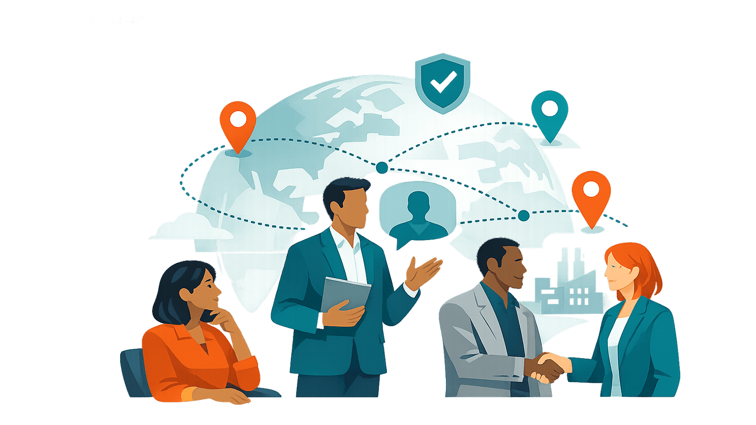 Editorial illustration of professionals building trust across new markets through connected global presence, credible conversation, and aligned business relationships.