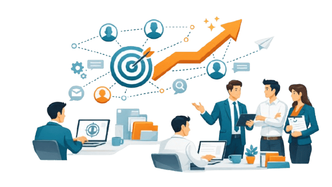 Business team analyzing target account engagement, buyer signals, and qualified demand growth for enterprise software and field service management