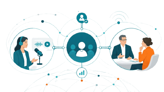 Connected executive conversations showing podcasts, roundtables, and qualified demand engagement for broadband and business connectivity leaders