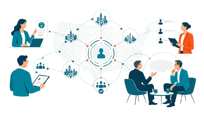 Executive engagement illustration showing senior leaders connected through nationwide thought leadership, qualified demand signals, and business conversation nodes.