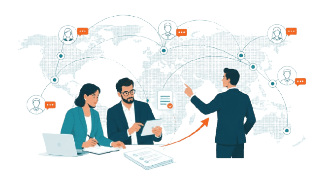 Illustration of executives reviewing global market signals and demand research across regions.