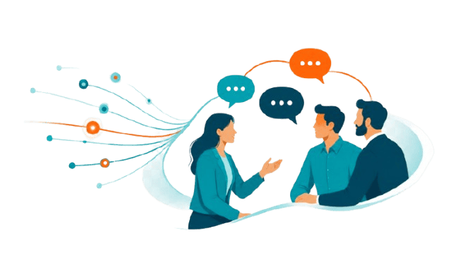 Illustration of business leaders discussing qualified demand and warm sales engagement.