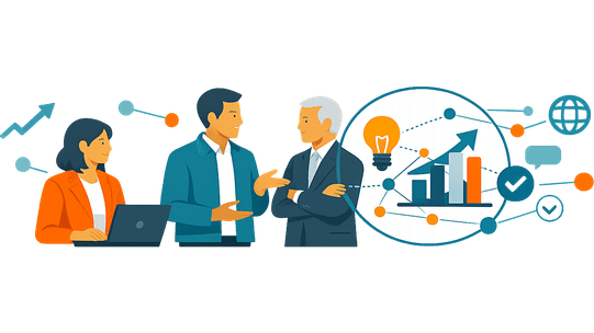 Three business professionals discuss market growth and credibility, with abstract connected signals and growth elements representing thought leadership, ecosystem alignment, and measurable business impact.