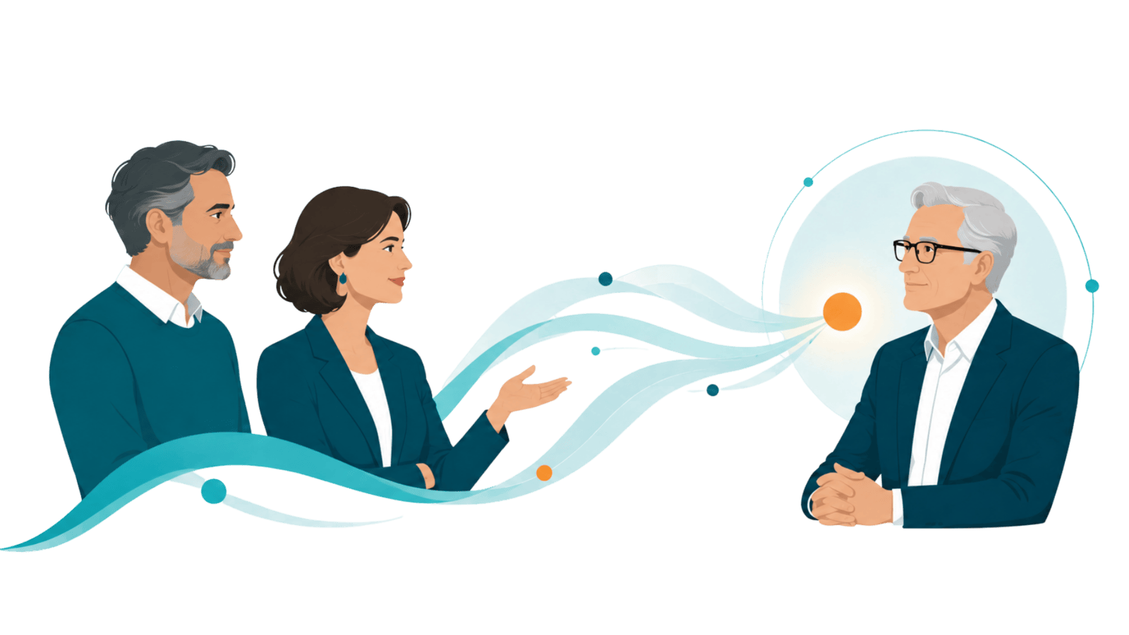 Two people collaborating with communication and content icons around them