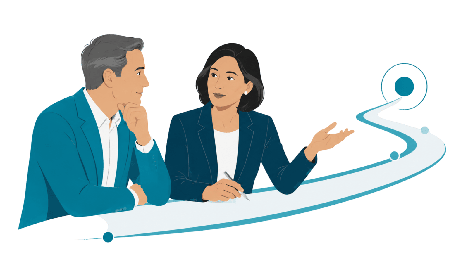 Two professionals discussing ideas at a table with icons for strategy, goals, and insights.