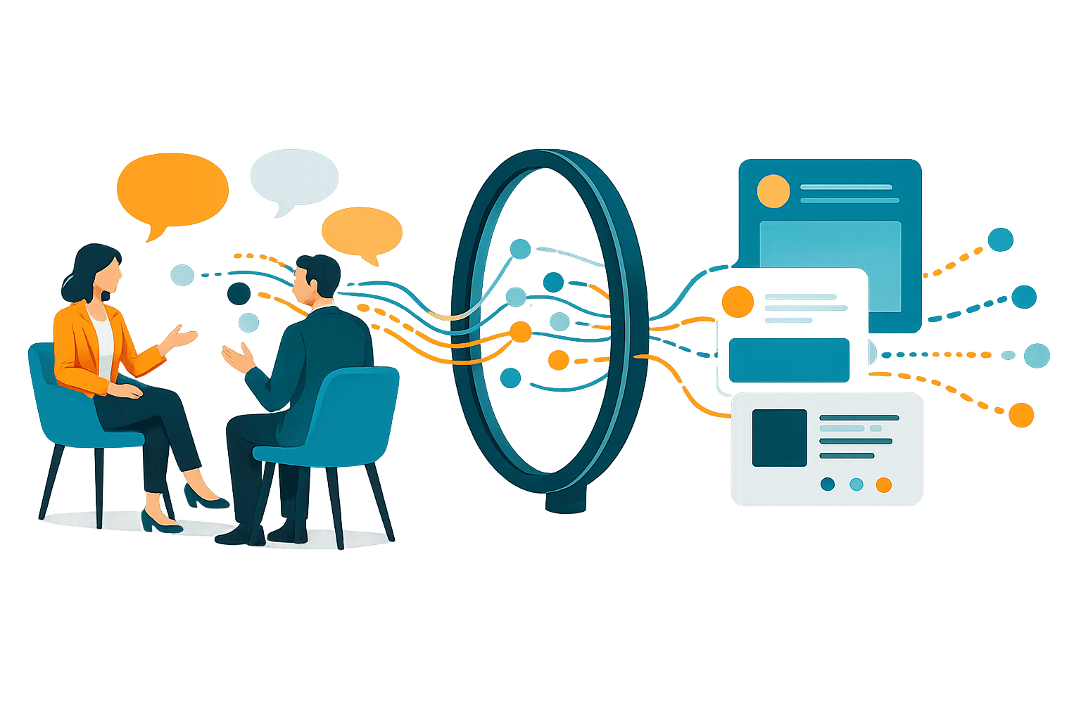Three professionals in a focused discussion with flowing signal paths and connected abstract nodes, representing how CTN AON turns buyer insight into trusted content, conversations, and market activity.