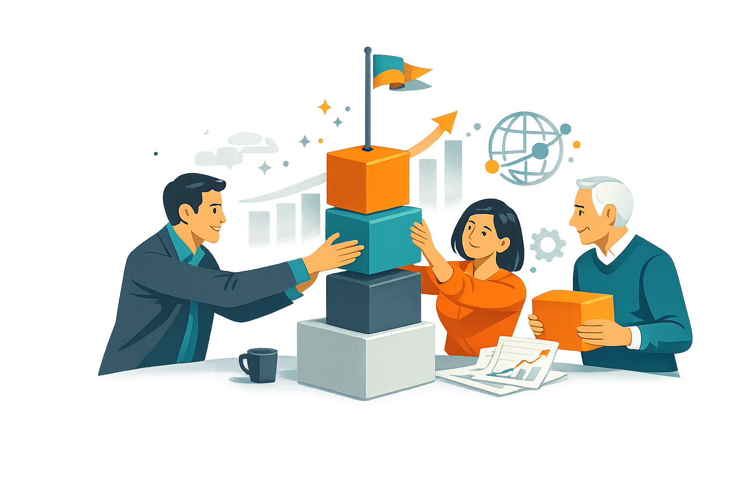 Three professionals building a shared structure that represents collaboration, communication, growth, and legacy.