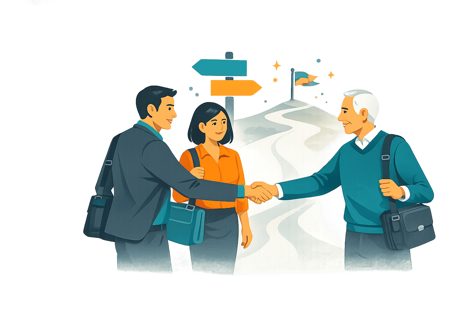 Three professionals meet on a winding path, with one person shaking hands and directional signs in the background, symbolizing a welcoming career journey and shared growth.