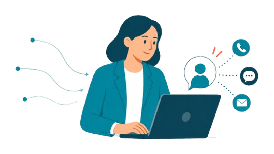 Professional at laptop with call, chat, and email contact options.