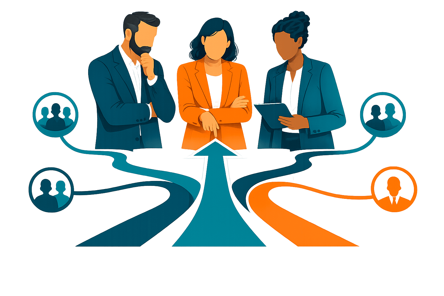 Three business professionals review audience paths and buyer groups, using a central decision route to clarify who needs to care and why.