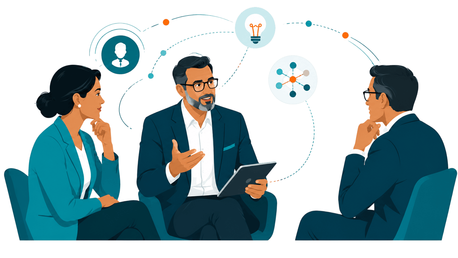 Three senior business leaders discuss executive trust and credibility, with abstract insight and connection signals showing thought leadership, dialogue, and data-driven storytelling.
