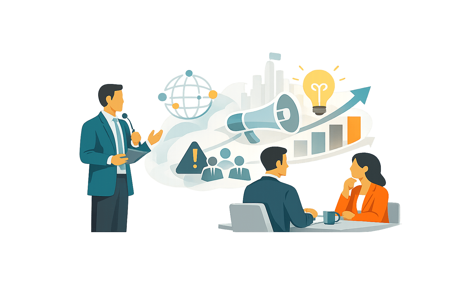 Three business professionals gathered around connected discussion elements, abstract growth signals, and a shared strategic focal point, representing industry leadership, visibility, and innovation-driven influence.