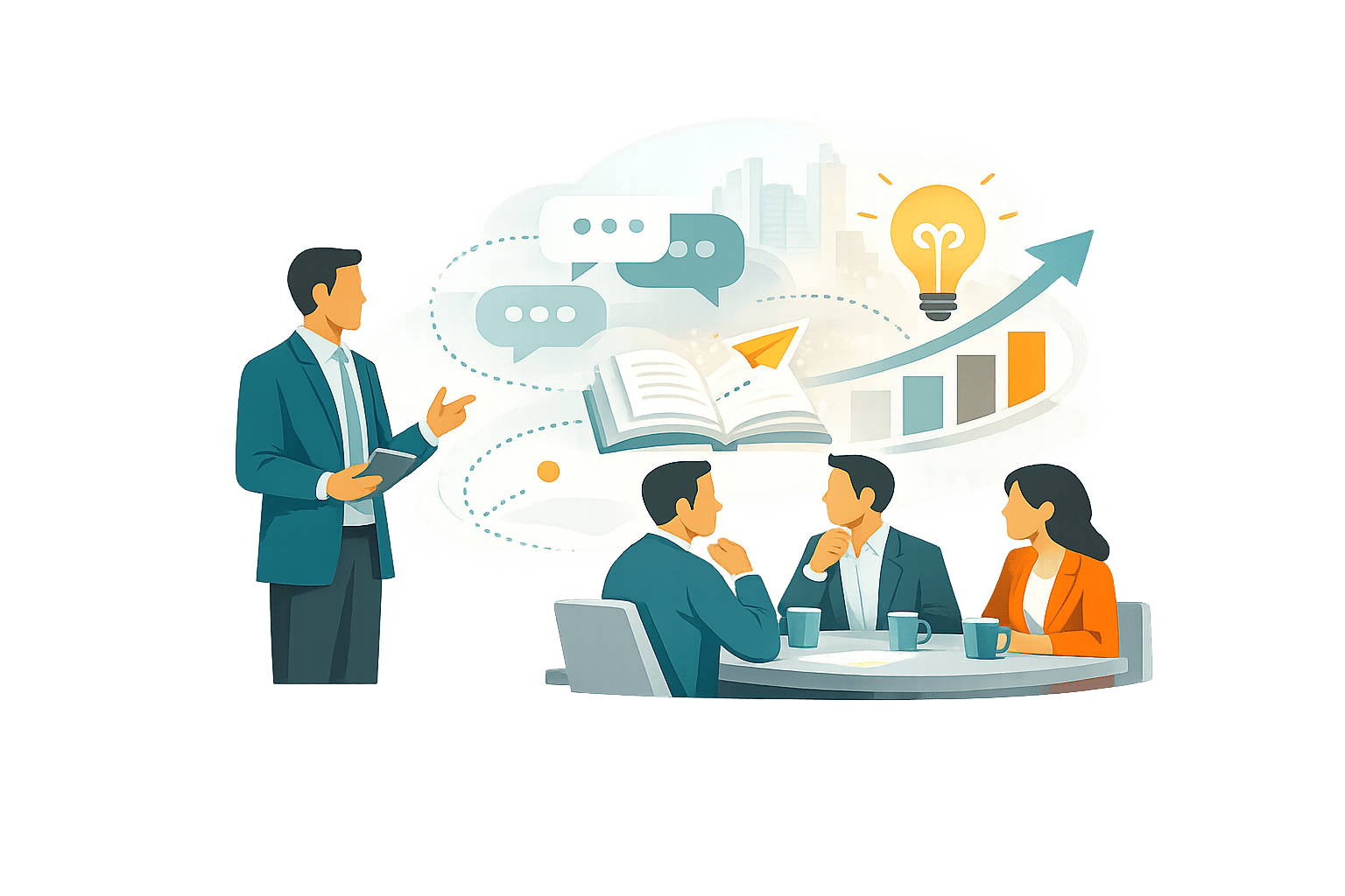 Business leaders discuss industry storytelling and transformation, with abstract conversation, progress, and innovation elements representing thought leadership and executive influence.