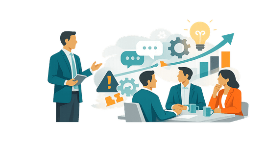 Three business leaders collaborate in a discussion around innovation-focused symbols, including conversation bubbles, growth bars, and abstract challenge-and-opportunity elements.