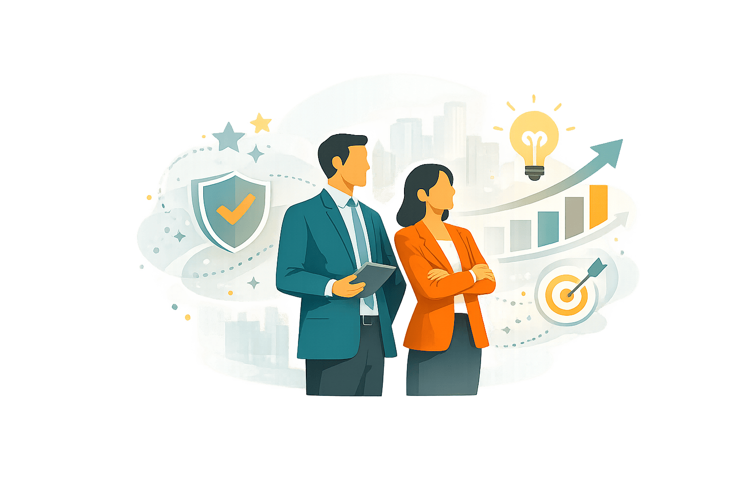 who senior executives stand with abstract credibility, growth, and perception signals, representing leadership voice, message clarity, and trust-building for business growth.