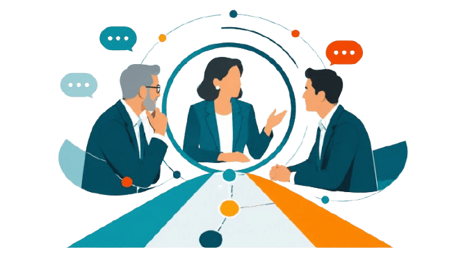 Three business leaders discuss leadership voice and market perception, with abstract conversation bubbles, signal paths, and focused visibility elements representing credibility, trust, and opportunity.