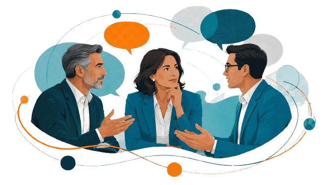 Three senior business leaders in conversation, surrounded by abstract speech bubbles and connected signal lines, representing leadership voice, trust, and industry influence through genuine storytelling.