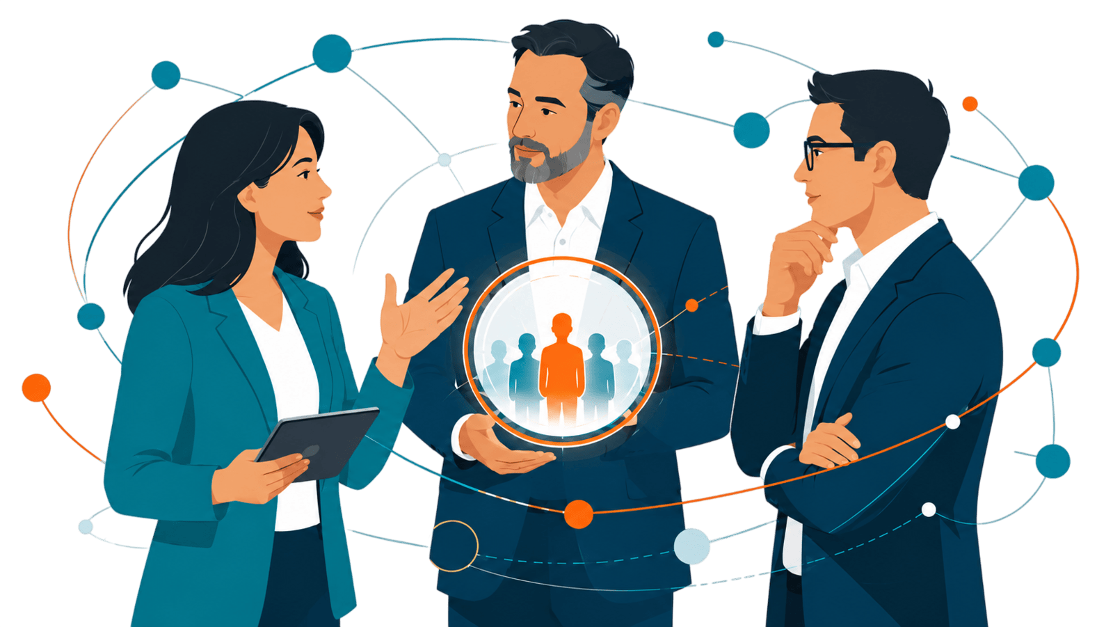 Three business professionals discuss market credibility and growth, with an insight lens and connected signal paths representing thought leadership, ecosystem alignment, and measurable market impact.
