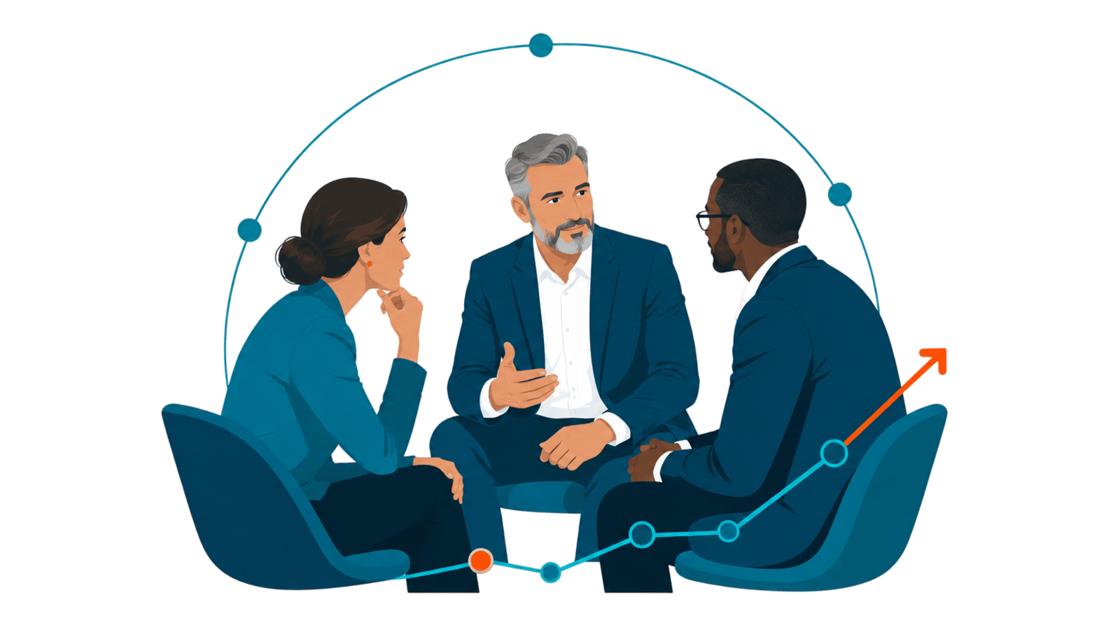 Three executives in a focused business discussion, with connected growth signals representing credible conversations, CXO engagement, and continuous market growth.