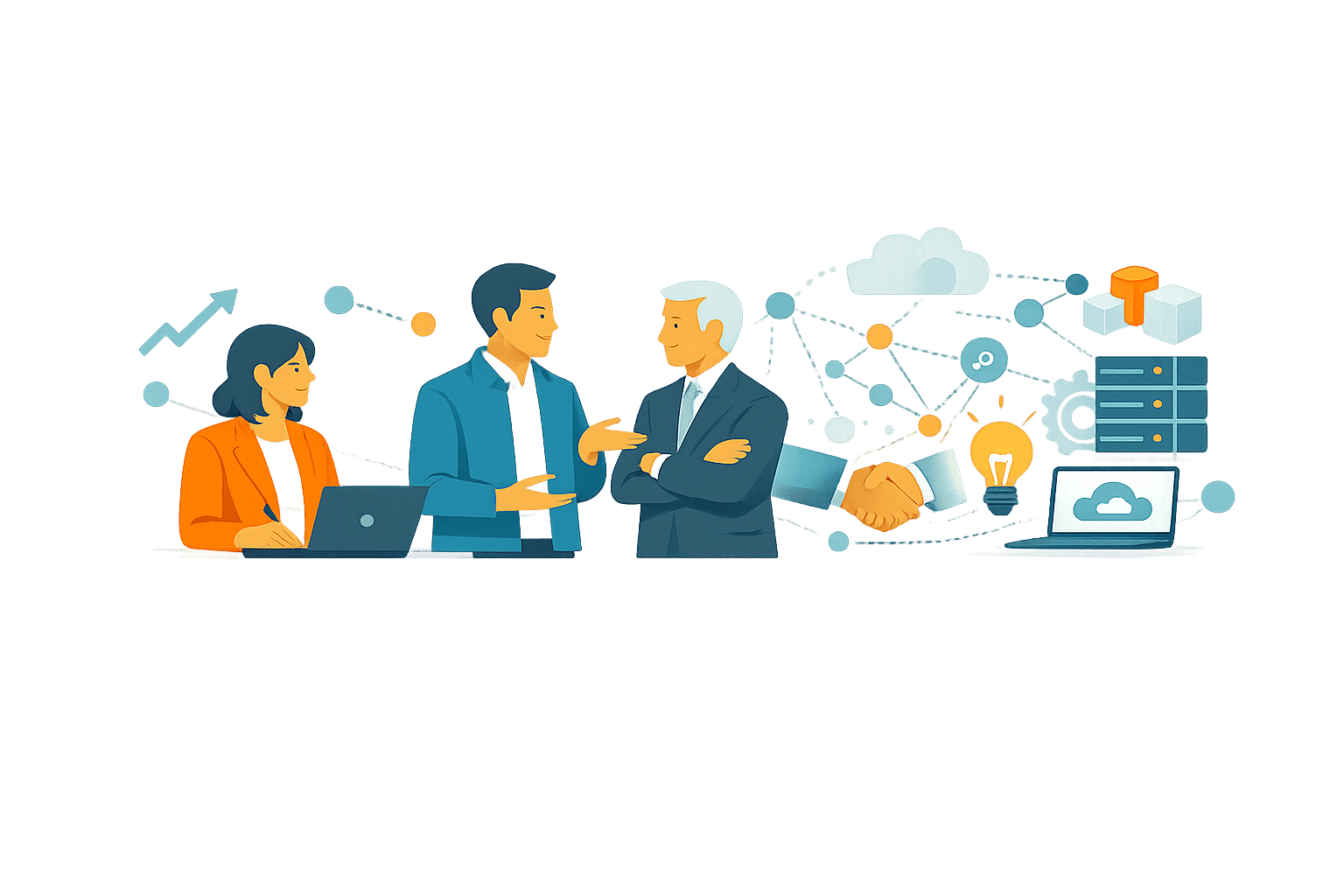 Three business professionals discuss technology partnerships and growth, with connected cloud and platform elements representing trust, alliances, CXO engagement, and market credibility.