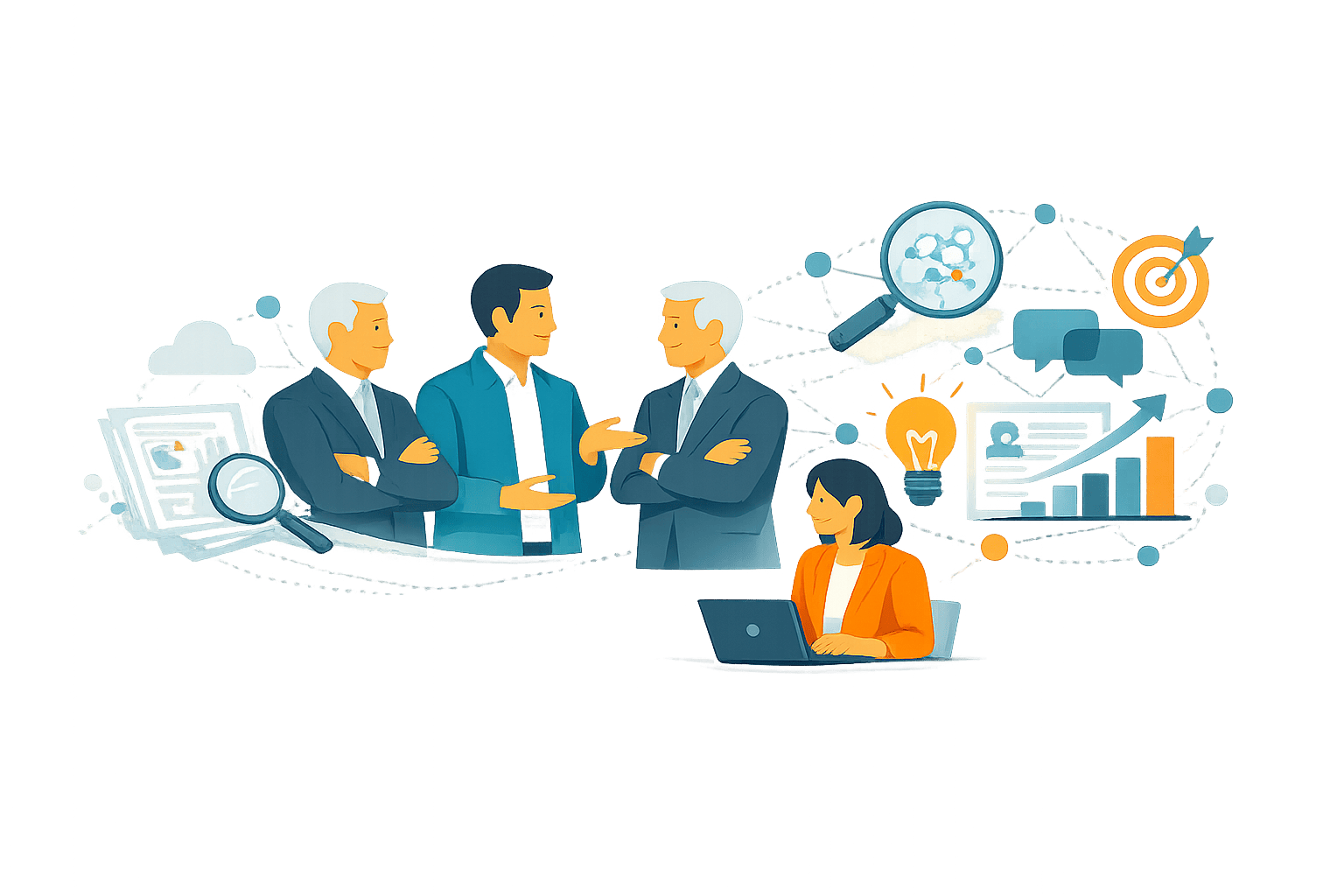 Business professionals discuss thought leadership and market influence, with abstract insight, growth, and conversation elements representing CXO engagement, partner alignment, and credibility-building.
