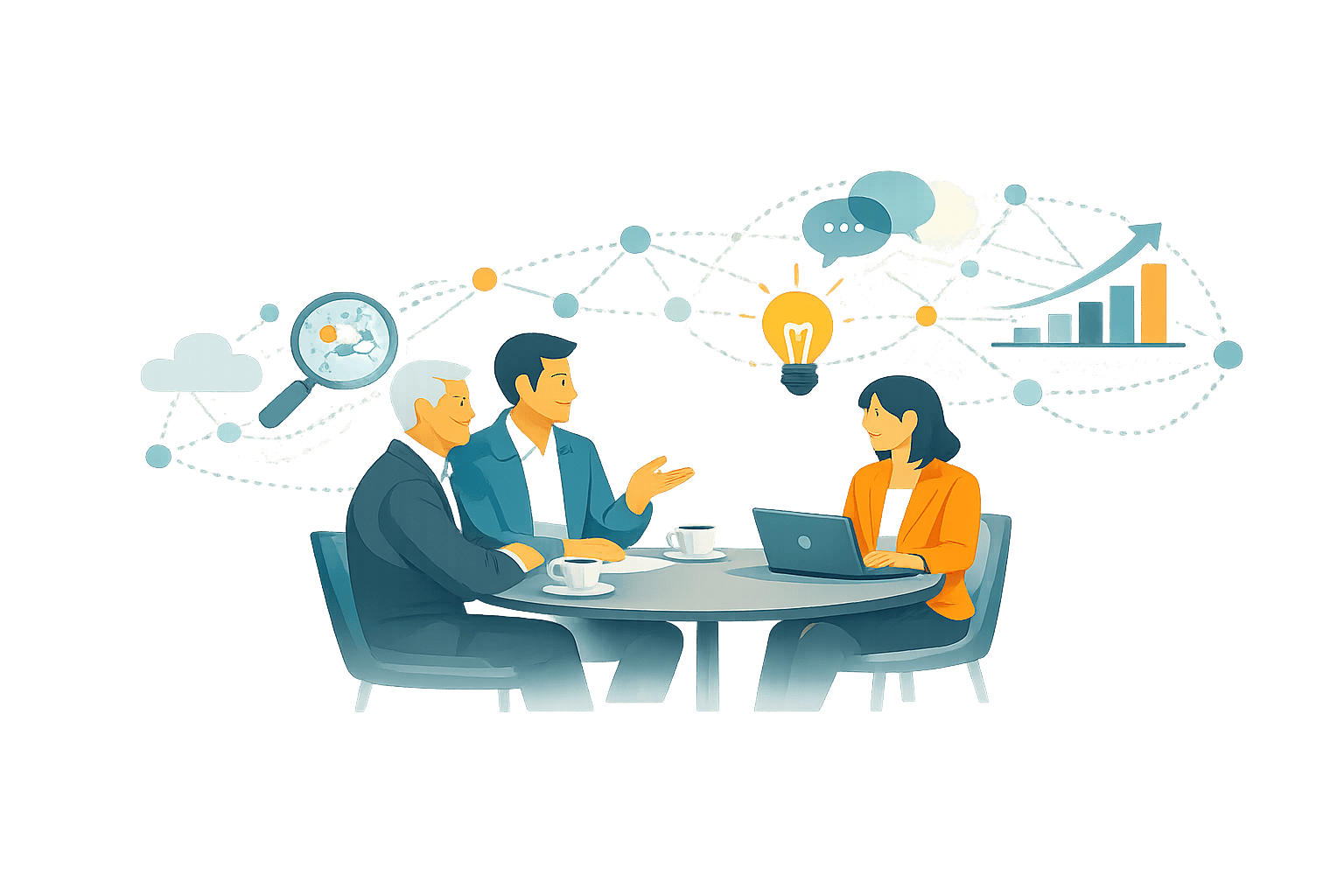 Executives discuss trust and growth through thought leadership, with abstract insight, conversation, and market signal elements representing CXO engagement and business influence.