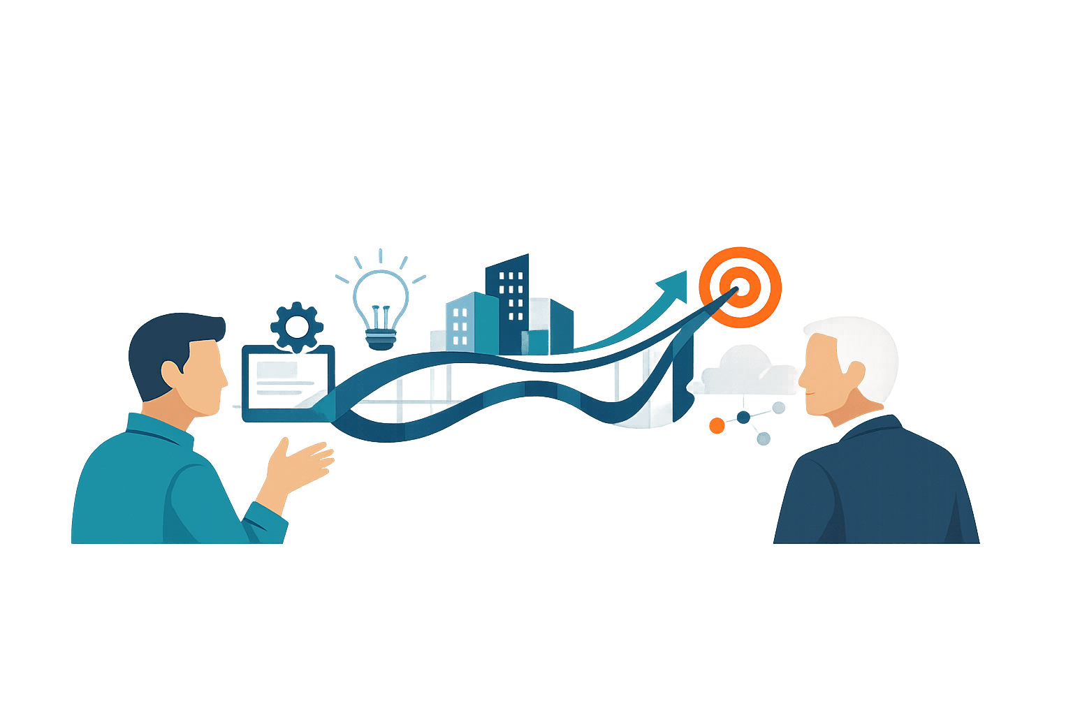 Two business professionals discuss how technology expertise connects to business outcomes, with abstract symbols for innovation, digital solutions, and measurable growth.