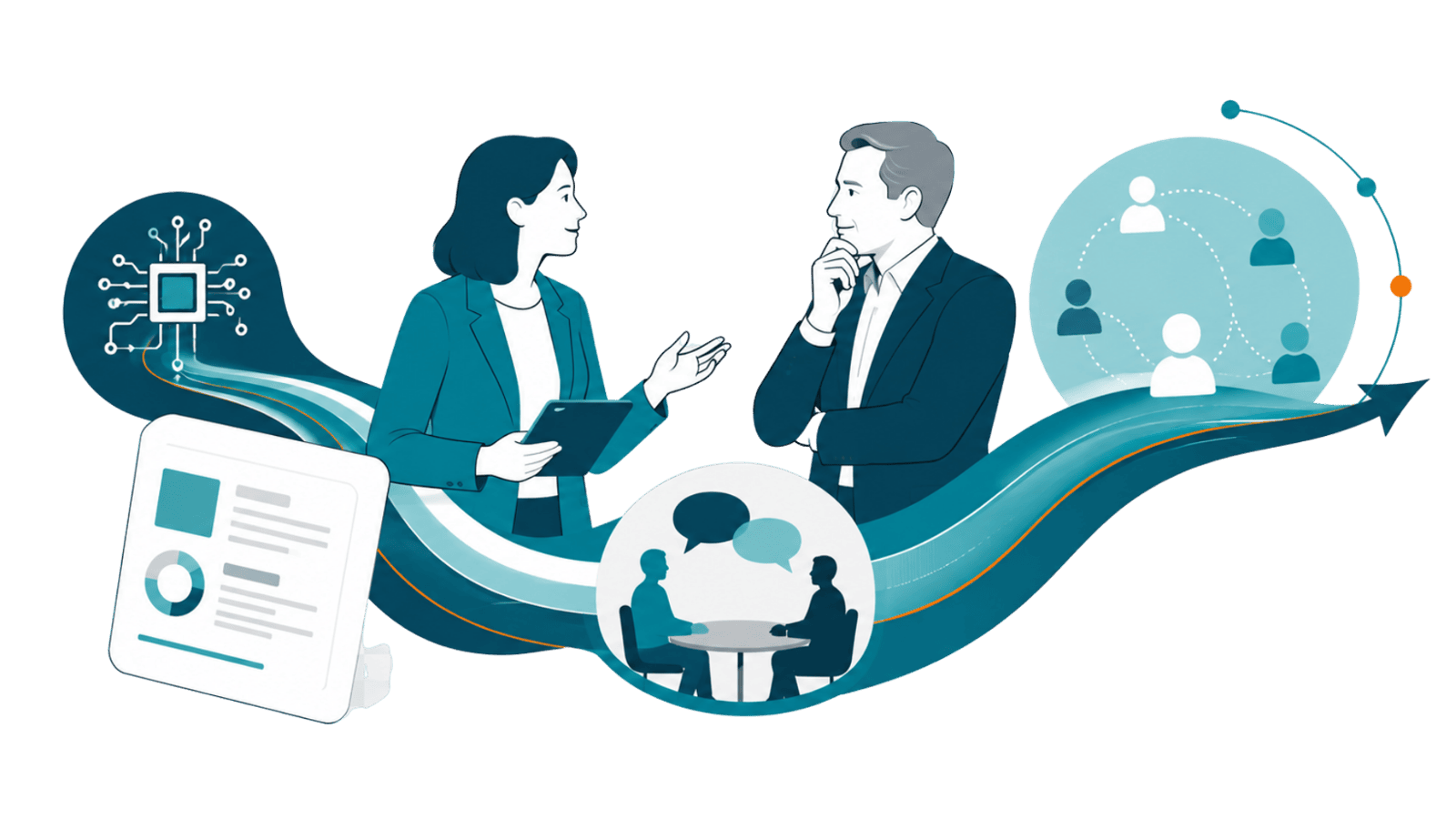 Two professionals connect technology solutions to executive dialogue, representing industry thought leadership that helps providers build trust with CXOs.
