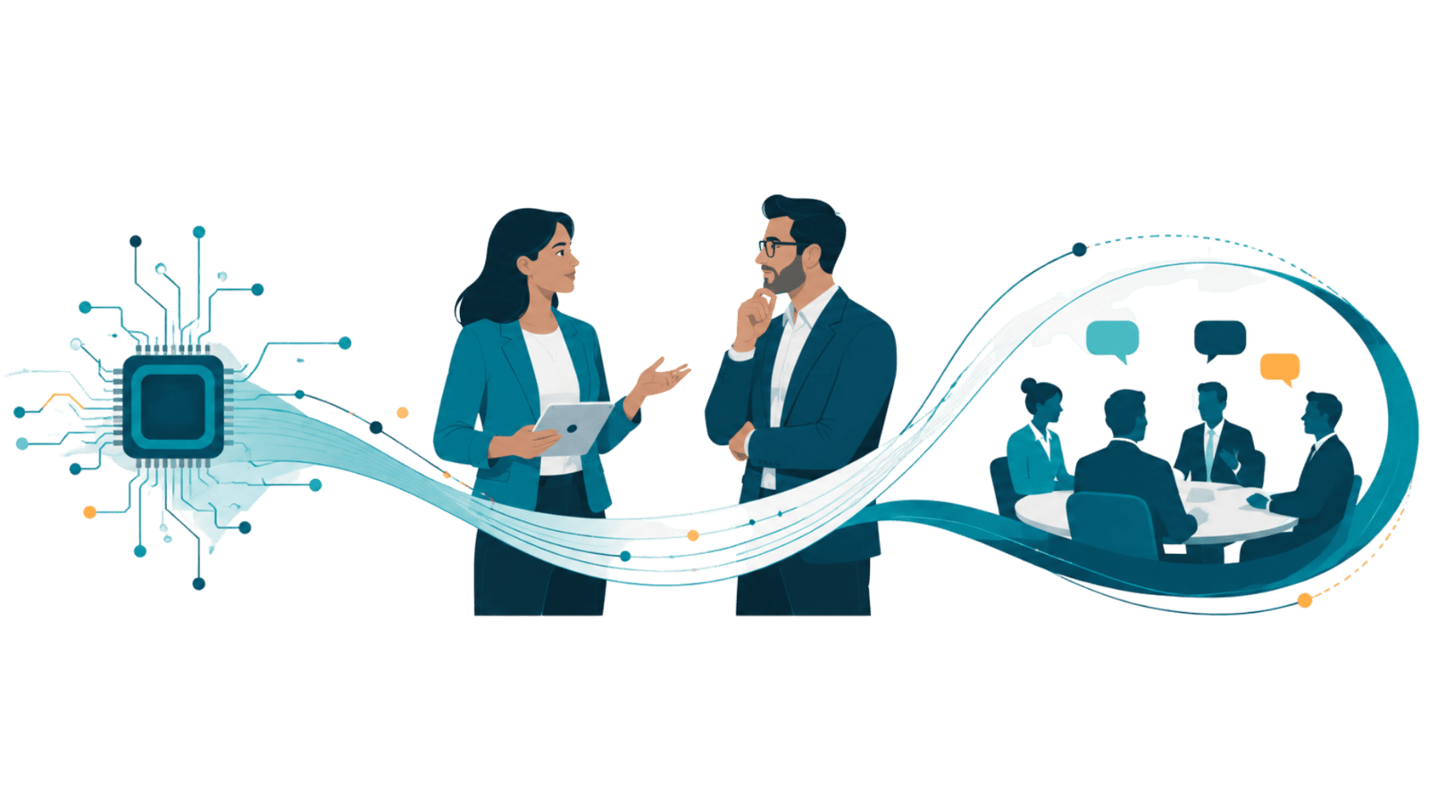 Two professionals connect technology solutions to executive dialogue, representing industry thought leadership that helps providers build trust with CXOs.