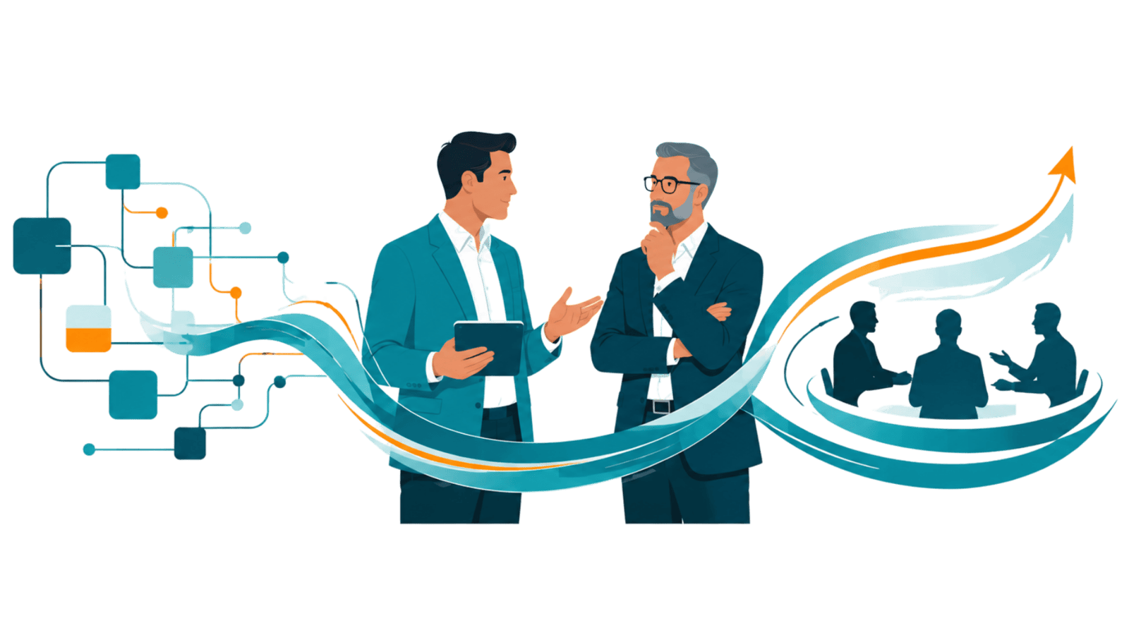 Two consulting professionals connect delivery systems, executive dialogue, and business growth signals, representing trusted transformation partnerships that influence CXOs.