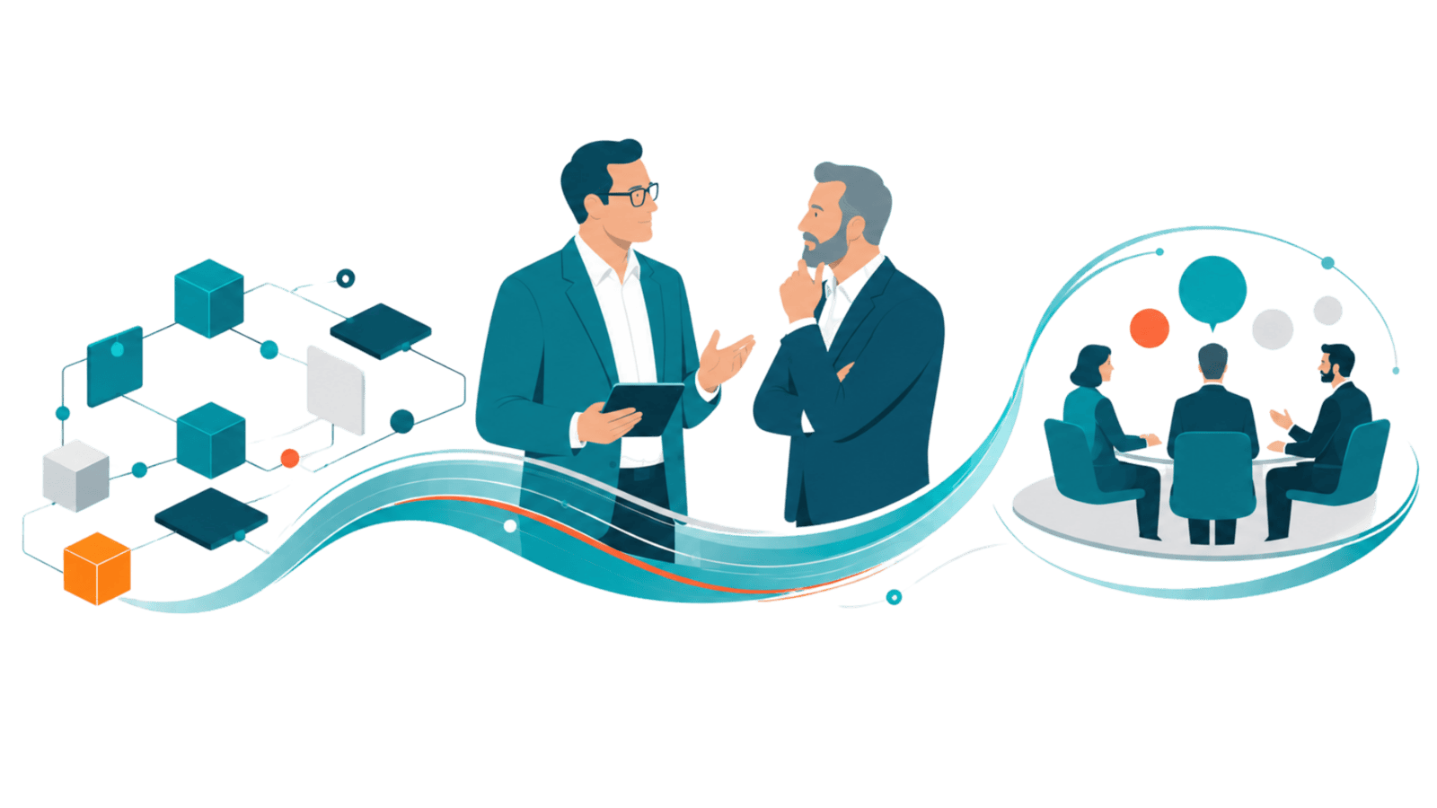 Two consulting professionals connect ecosystem building, executive dialogue, and ongoing thought leadership, representing how system integrators and consulting firms build CXO trust through insights, content, events, and research.
