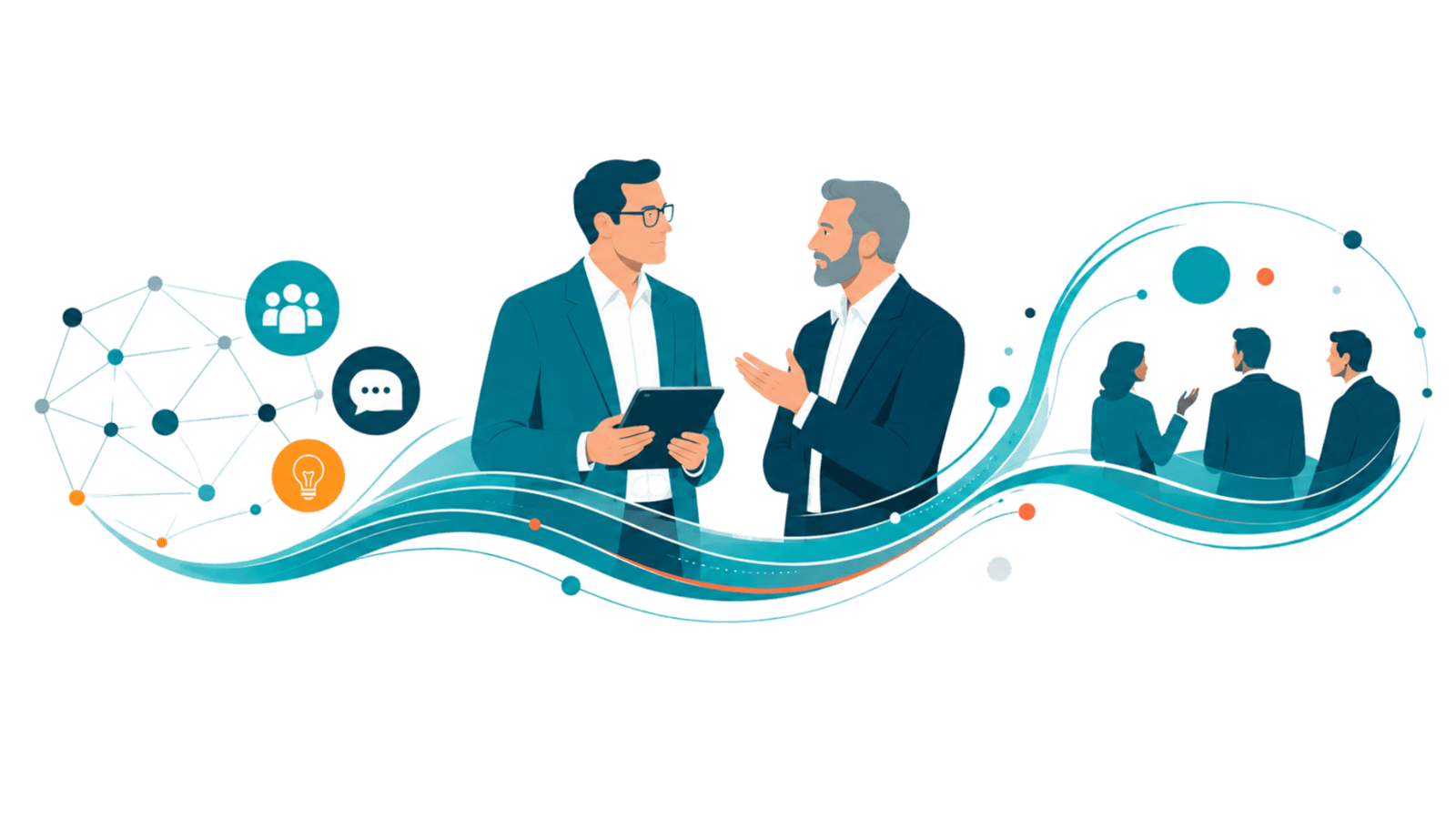 Two professionals connect thought leadership, trusted dialogue, and executive community, representing ongoing market influence, CXO credibility, and growth.