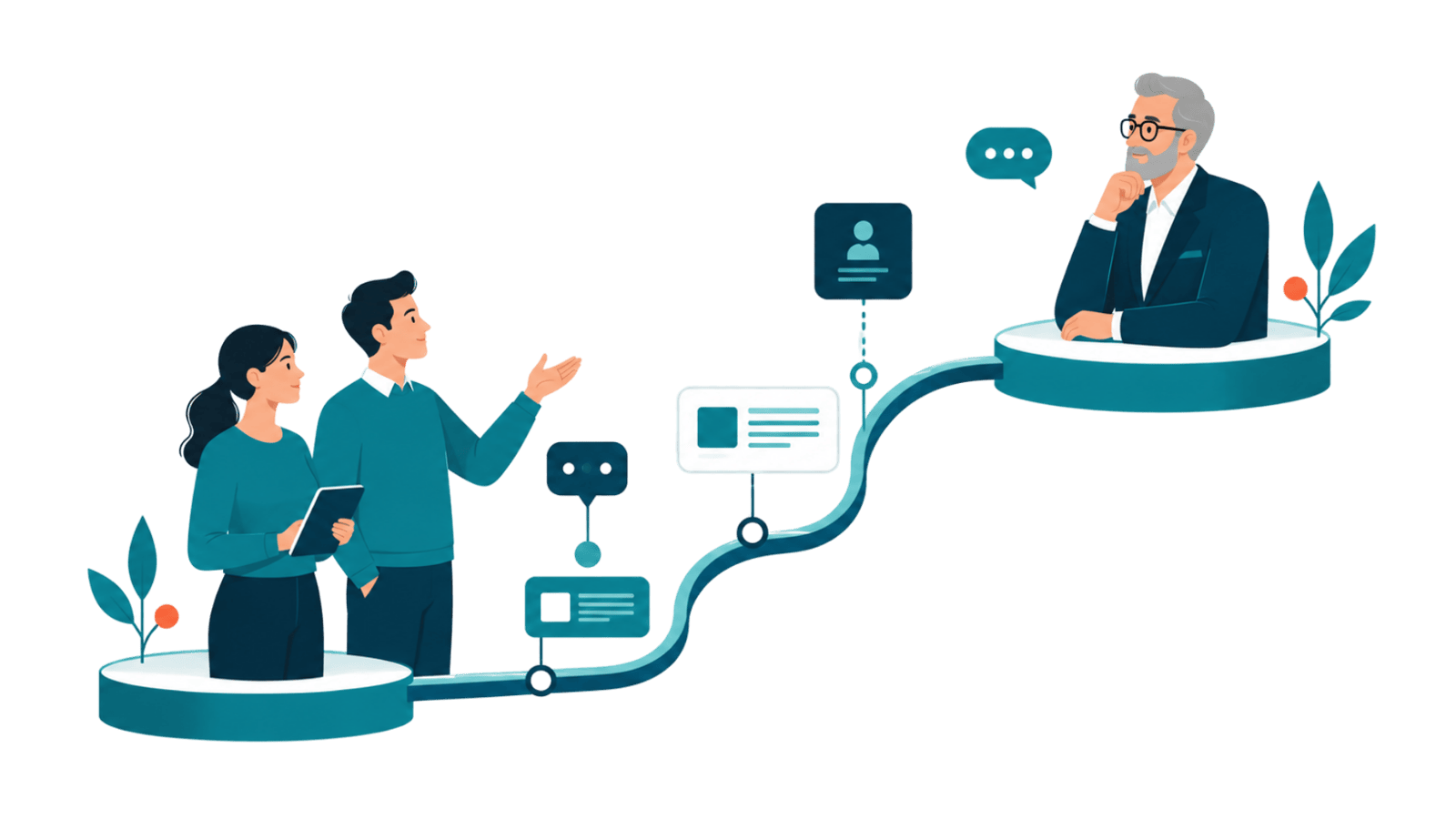 Two startup leaders progress toward CXO credibility through structured thought leadership, representing trust-building, relevance, and enterprise engagement after funding.
